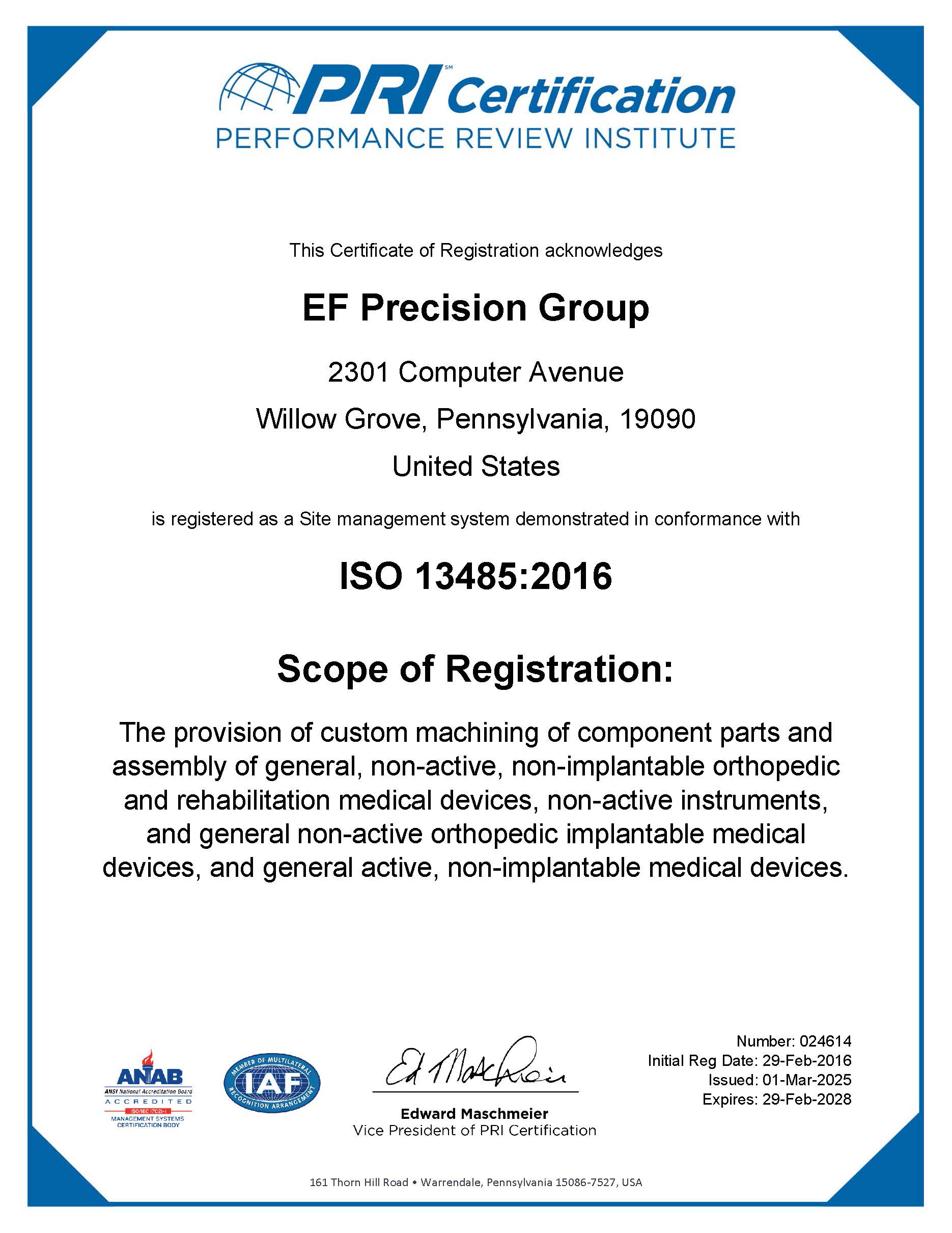 EF Group PRI - ISO13485 - 02-29-2028