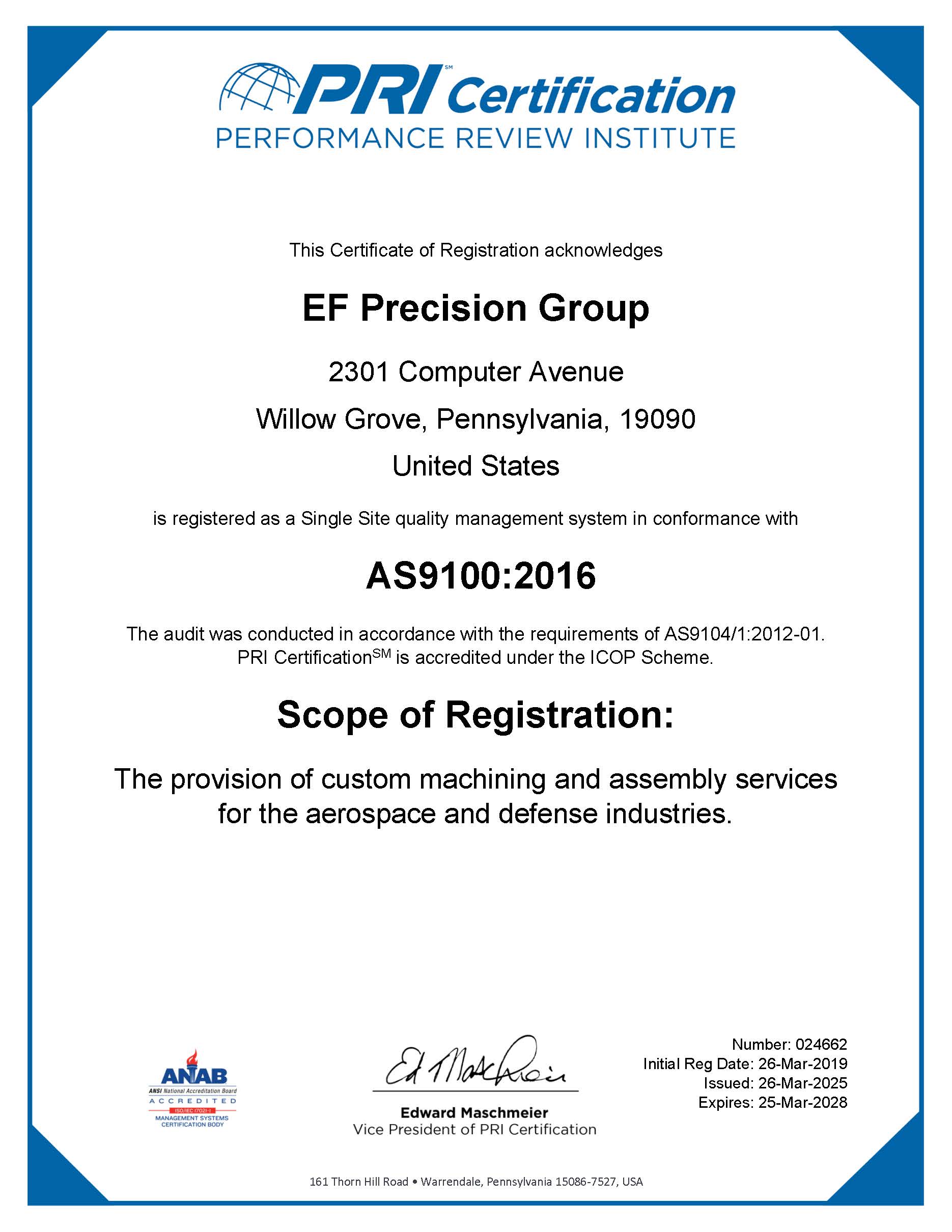 EFGroup - AS9100 2016 - PRI - exp 03-25-2028